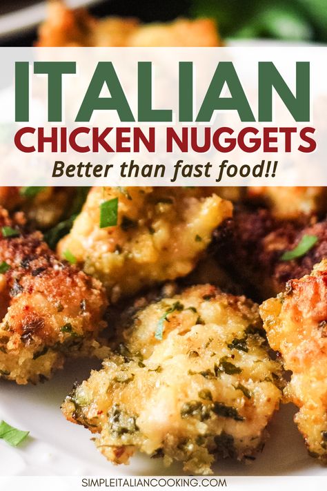 Enjoy these chicken nuggets that are fried on a stove top and not deep fried. I use some Italian seasoning in the breadcrumbs, but you can use whatever you have. These chicken bites are easy to make and a perfect alternative to fast food like Chick-fil-A or McDonalds. Use for your kids' lunches or even to put in sandwiches or serve as appetizers at a party. via @simpleitalian Easy Chicken Nuggets, Easy Chicken Nugget Recipes, Chicken Bites Recipes, Homemade Chicken Nuggets, Recipe For Dinner, Healthy Chicken Recipes Easy, Quick Chicken Recipes, Kids Lunches, Recipes With Few Ingredients