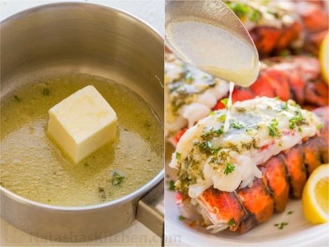 Lobster Tails Recipe with Garlic Lemon Butter - NatashasKitchen.com Butter For Lobster, Lobster Butter Sauce, Easy Lobster Tail Recipe, Cook Lobster Tails, Broiled Lobster Tails, Fried Lobster Tail, Cook Lobster, Broil Lobster Tail, Recipe With Garlic