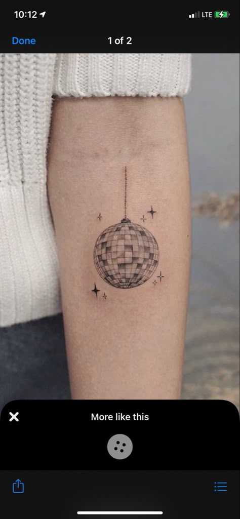 Disco Ball Moon Tattoo, Small Disco Ball Tattoo, Mirror Ball Drawing, Edm Tattoo Ideas, Mirror Ball Tattoo, Arm Patchwork, Edm Tattoo, Disco Tattoo, Mirrorball Tattoo