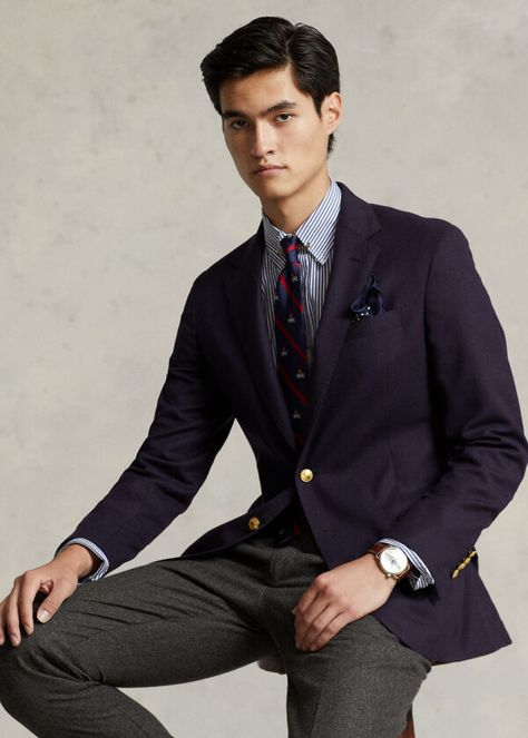 Navy Blazer Men, Blue Blazer Outfit, Ralph Lauren Looks, Navy Blazers, Smart Casual Office, Minimalist Sneakers, Blazer Men, Cotton Blazer, Twill Pants