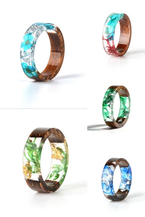 handmade wood resin ring, dried flower wedding jewelry, unique wedding rings, nature-inspired accessories, transparent epoxy jewelry Resin Ring Ideas, Epoxy Wedding, Unique Wedding Jewelry, Dried Flower Jewelry, Resin Ring, Wood Resin, Unique Ring, Love Ring, Handmade Wood