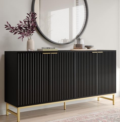 PRICES MAY VARY. 【Artistic Design & Practicality】 This modern sideboard cabinet features uniquely fluted doors, meticulously crafted to create an elegant wave pattern. The sleek lines and smooth edges enhance the overall aesthetic, making it a sophisticated addition to any room in your home. 【Durable Construction】 Built with premium MDF, this sideboard is designed for strength and stability, supporting up to 110 lbs on its top surface. Its solid construction ensures longevity, making it a reliab Cabinet For Dining Room, Sideboard Gold, Modern Sideboard Buffet, Sideboard Black, Console Table Entryway, Contemporary Sideboard, Wide Sideboard, Black Sideboard, Kitchen Sideboard