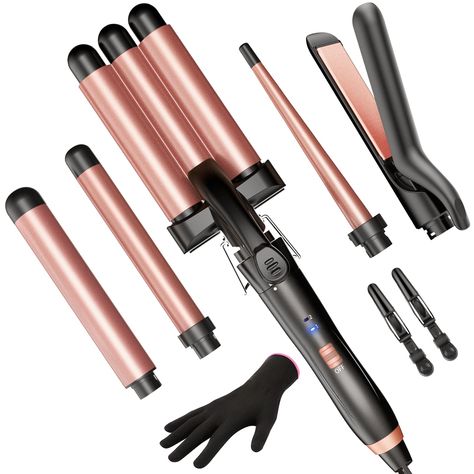 PRICES MAY VARY. Ideal Curling Iron Set: The 5 in 1 curling iron includes a 1" straightener, a triple barrel hair waver, a tapered curling wand, and 2 curling irons (1", 1.25"). Whether you're straightening or curling, this all-in-one set has you covered 30 S Fast Heat: Choose between 2 temperature settings (302 ℉ and 410 ℉) to suit your hair type or styling needs. The hair curling iron is equipped with PTC heating technology and a ceramic coating, ensuring quick and even heating for efficient hairstyling No Overheating Damage: Wave curling iron releases negative ions while in use, smoothing out frizz, reducing static electricity, and keeping hair sleek. Additionally, with its ceramic coating design, heat generation is more even and won't damage your hair No Space Limit: The curling iron s Spiral Curling Iron, Wand Curling Iron, Waves With Curling Iron, Flat Iron Hair, Curling Wand Set, Hair Crimper, Hair Waver, Iron Hair, Hair Straighteners Flat Irons