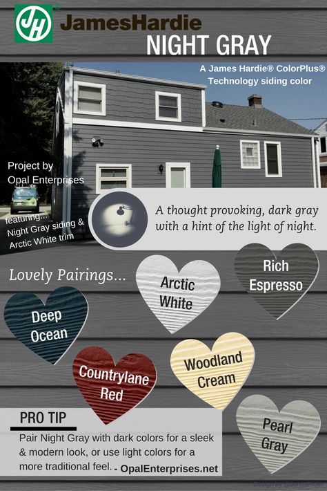 Night Gray – Designing with James Hardie Siding Colors - Opal Enterprises Exterior Home Renovation Hardie Night Gray, Siding Inspiration, Hardie Board Siding Colors, Hardie Board Colors, James Hardie Siding Colors, Gray Siding, Hardie Board Siding, Exterior Home Renovation, Exterior Siding Colors