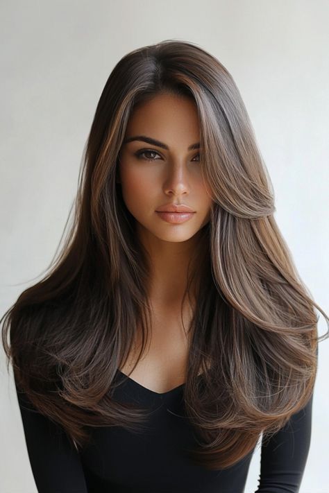 Long Layered Long Hair, Haircut Long Layer, Long Layered Medium Haircuts, Traditional Italian Hairstyles Woman, Blowout Styles For Long Hair, Brown Layered Long Hair, Long Layered Haircuts With Side Part, Voluminous Hair Blowout, Cute Layered Haircut For Long Hair