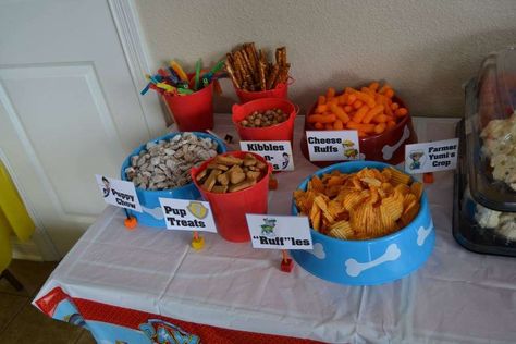 Caleb's Puptastic Party | CatchMyParty.com 3 Year Birthday Paw Patrol, Food For Paw Patrol Birthday Party, Paw Patrol Food Ideas 3rd Birthday, Paw Patrol Birthday Snacks Food Ideas, Paw Patrol Birthday Food, Paw Patrol Themed Food, Paw Patrol Brunch Party, Paw Patrol Birthday Party Food, Paw Patrol Party Ideas Food