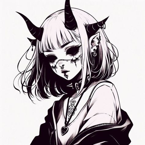 Demon Girl Character Design, Black And White Discord Pfp, Pfp With Headphones, Demon Girl Pfp, Demonic Pfp, Demon Girl Drawing, Gothic Pfp Aesthetic, Pfp Headphones, Demon Girl Art