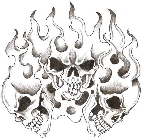 Skulls With Flames, Tattoo Fairy, Evil Skull Tattoo, Skull Art Tattoo, Skull Stencil, Skull Sketch, Skull Fire, Skull Coloring Pages, Flame Tattoos