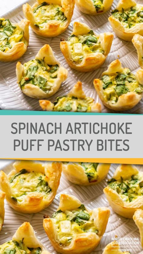 Spinach Artichoke Puff Pastry, Artichoke Puff Pastry, Spinach Appetizers, December Recipes, Puff Pastry Recipes Appetizers, Artichoke Appetizer, Puff Pastry Bites, Pastry Cups, Spinach Puff Pastry