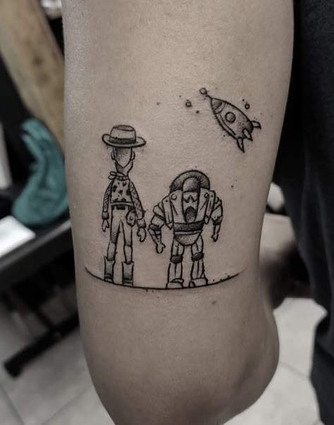 Toy story Andy Tattoo Toy Story, Toy Story Sleeve Tattoo, Disney Tattoos Toy Story, Buzz Tattoo Toy Story, To Infinity And Beyond Tattoo Toy Story, Toy Story Small Tattoo, Woody Buzz Tattoo, Matching Toy Story Tattoos, Buzz Light Year Tattoo