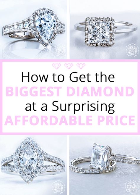 So, how do you afford the diamond engagement ring of her dreams when it's out of your budget? Here are five ways to get the biggest diamond at a surprisingly affordable price. Inexpensive Engagement Rings, Best Diamond Rings, Traditional Wedding Rings, Diamond Ring Cuts, Big Diamond, Best Engagement Rings, Tungsten Wedding Bands, Best Amazon, Best Diamond