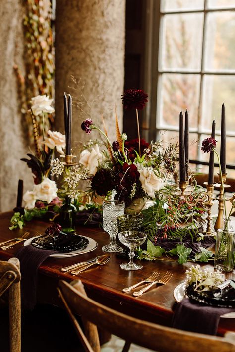 Our Vintage Goblets were used to help achieve the Victorian Apothecary theme for this editorial shoot at Arrow Park in Monroe, NY. The table setting included candlesticks, taper candles, flatware and dinnerware with gold, black, and dark colored accents. Planning by Morton Street Events and Ink Moth Creative, Photo by Karen Obrist, Florals by Fern Botanica, Tabletop Rentals by Snassy Crafter, Cartwright and Daughters, and Little Vintage Rentals Victorian Table Setting, Industrial Centerpiece, Dining Table Decor Ideas, Romantic Table Setting, Dark Table, Victorian Table, Vintage Goblets, Romantic Table, Party Table Settings