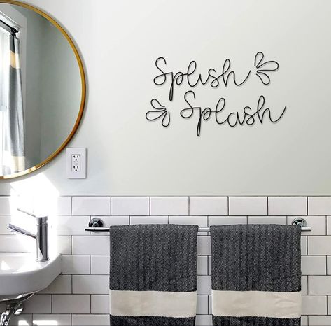 cute bathroom wall decor Splish Splash Bathroom, Black Bathroom Wall, Modern Bathroom Wall Decor, Metal Bathroom Walls, Bathroom Decor Wall Art, Bathroom Decor Wall, Wire Words, Wall Decor Bathroom, Bathroom Wall Decor Art