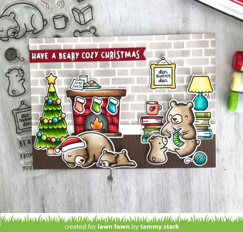 Lawn Fawn Christmas Card Ideas, Lawn Fawn Sweet Christmas, Lawn Fawn Den Sweet Den, Lawnfawn Cards, Lawn Fawn Blog, Sponging, Sleeping Bear, Lawn Fawn Stamps, Clear Acrylic Stamps