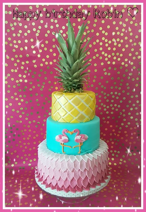 2 Tier Pineapple Cake, Flamingo Pineapple Birthday Party, Aloha Birthday Cake, Pineapple Birthday Cake, Flamingo Cakes, Luau Cake, Pineapple Birthday, Pineapple Party, Flamingo Cake