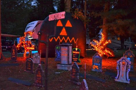 Decorations for halloween camping Halloween Campsite Themes, Camp Ground Halloween Decorations, Halloween At The Campground, Halloween Camp Site Decorations, Camp Site Halloween Decorations, Halloween Decorations For Campsite, Halloween Rv Camping Decorations, Haunted Campsite Ideas, Campground Halloween Ideas