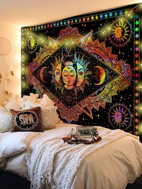 Multicolor Modern Collar  Fabric Graphic  Embellished   Home Textile Room Ideas Aesthetic Tapestry, Tapestry Bedroom Cozy, Tapestry Bedroom Hippie, Trippy Rooms Aesthetic, Spiritual Aesthetic Room, Cute Tapestries, Chill Room Aesthetic, Spiritual Bedroom, Room Decor Tapestry