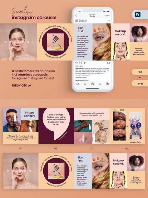 Beauty Instagram Carousel Template PSD Skin Care Carousel, Skincare Carousel Post, Instagram Carousel Template, Carousel Template, Instagram Gradient, Dermatologist Skin Care, Instagram Carousel, Social Post, Skincare Blog