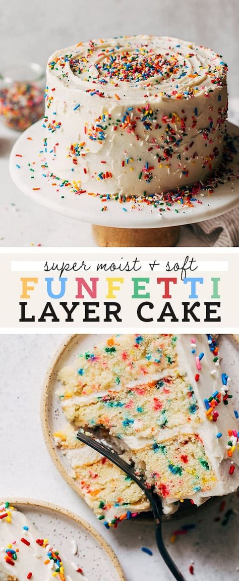 This is the BEST funfetti cake recipe! It's super moist, soft, and loaded with vanilla and sprinkles. It's smothered in a simple American buttercream to make a perfect classic birthday cake. #funfetti #birthdaycake #funfetticake #layercake #butternutbakery | butternutbakeryblog.com Butternut Bakery Funfetti Cake, Bakery Birthday Cake Recipe, Funfetti Cake With Buttercream Frosting, Super Moist Funfetti Cake, Pretty Birthday Cakes Easy, Bakery Style Birthday Cake, Best Homemade Funfetti Cake, One Year Old Birthday Cake Recipe, Gluten Free Dairy Free Funfetti Cake