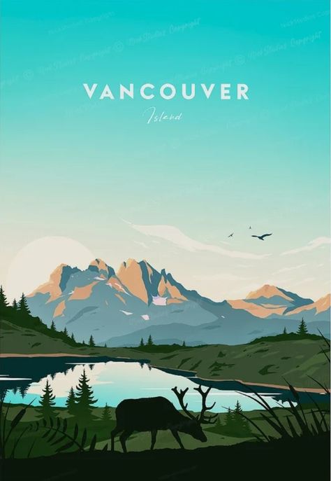 Pnw Illustration, Vancouver Illustration, Mountain Lake Illustration, Ice Mountain Illustration, Vancouver Island Artwork, Painted Landscapes, Mountain Illustration, Travel Canada, O Canada