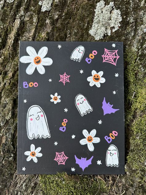 Cute Halloween canvas.  8x10 Simple Halloween Paintings On Canvas, Sharpie Canvas, Halloween Canvas Paintings, Art Mini Toile, Halloween Canvas Art, Diy Canvas Art Easy, Fall Canvas Painting, Simple Canvas Paintings, Cute Canvas Paintings