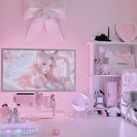 #pinkgamingsetup #pinkgaming  #cutegamingsetup #pinksetup #pinkaesthetic #kawaiisetup #kawaiistuff #kawaiigirl #kawaiigaming #kawaiishop #pinkshop #pinkstuff Cute Pink Gamer Setup, Cute Pink Pc Setup, Pc Kawaii Setup, Kawaii Gaming Room Ideas, Pink Pc Aesthetic, Cute Game Setup, Pink Gaming Room Aesthetic, Desk Setup Kawaii, Pink Office Setup