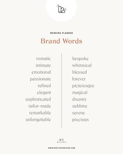 How To Create A Wedding Planner Brand - Miel Café Design Wedding Planner Brand, Planner Brands, Business Branding Inspiration, Brand Words, Social Media Marketing Business, Words To Use, Branding Your Business, English Vocabulary Words, Blog Tips