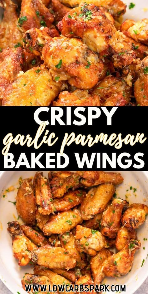 These mouthwatering Garlic Parmesan Chicken Wings are coated in a delicious blend of seasonings and packed with incredible flavors. These baked wings are a crispy sensation that will quickly become a beloved family favorite. Baked Garlic Parmesan Chicken Wings, Parmesan Wing Sauce, Healthy Chicken Wings, Keto Chicken Wings, Easy Chicken Wing Recipes, Baked Garlic Parmesan Chicken, Parmesan Wings, Garlic Parmesan Wings, Chicken Wing Recipes Baked