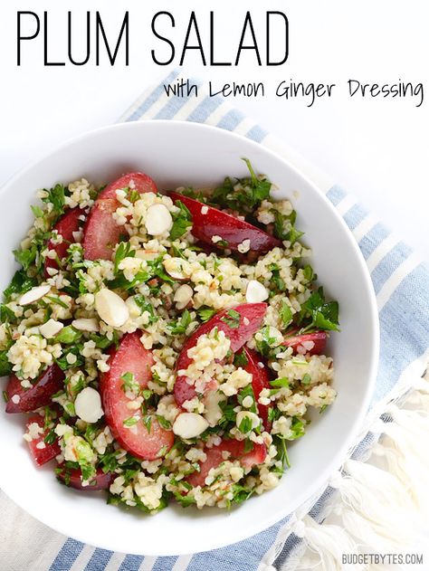 This fresh plum salad with lemon ginger dressing is a great way to use up leftover cooked grains and the summer's fresh produce. Step by step photos. @budgetbytes Plum Salad, Budget Dinner Recipes, Plum Recipes, Salad With Lemon, Budget Bytes, Vegetarian Breakfast Recipes, Ginger Dressing, Easy One Pot Meals, Lemon Ginger