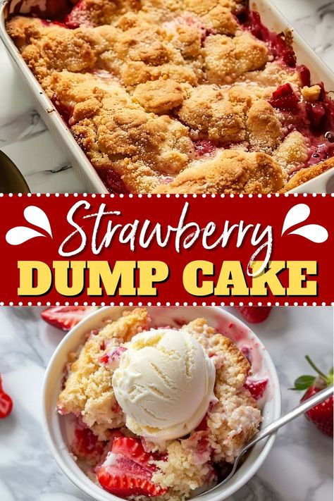 This strawberry dump cake couldn't be more effortless! With just 4 ingredients, you can whip up the most amazing and flavorful dessert. Lemon Strawberry Dump Cake, Straw Berry Dessert, Strawberry And Apple Desserts, Pioneer Woman Dump Cake, Using Up Strawberries, Strawberry Peach Dump Cake, Strawberry Cobbler Using Frozen Strawberries, Betty Crocker Strawberry Cake Mix Ideas, Recipes With Strawberry Preserves