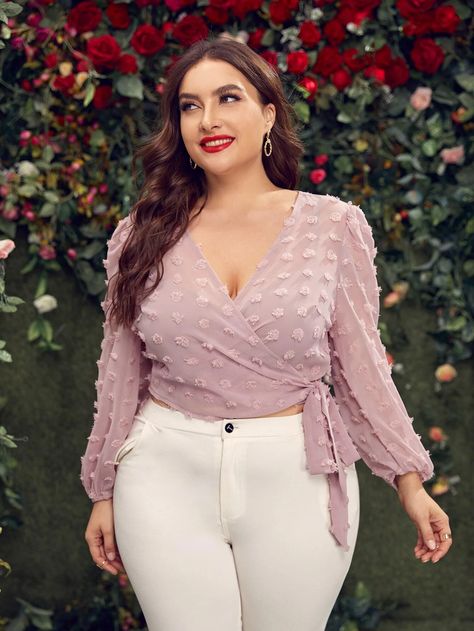 Plus Swiss Dot Wrap Tie Side Blouse | SHEIN USA Split Hem Skirt, Classic Hollywood Glamour, Top Plus Size, Front Tie Top, Swiss Dot, Girls Fashion Clothes, Chiffon Blouse, Bottom Clothes, Plus Size Blouses