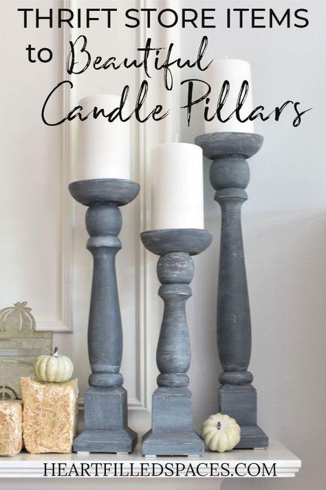 Spindle Candle Holders, Candle Pillars, Farmhouse Mantle Decor, Monochromatic Interior Design, Farmhouse Candle Holders, Farmhouse Candle, Diy Paint Projects, Farmhouse Candles, Budget Decor