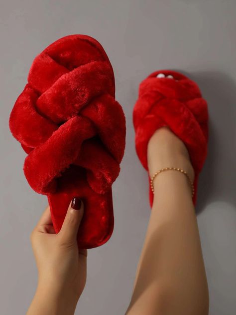 Women's Fashionable Solid Color Bedroom Slippers With Crossed Straps, RedI discovered amazing products on SHEIN.com, come check them out! Red Fluffy Slippers, House Slippers Womens, Plain Bedroom, Color Bedroom, Trendy Slippers, Monogram Quilt, Fluffy Shoes, Womens Red Shoes, Women Slippers Fashion