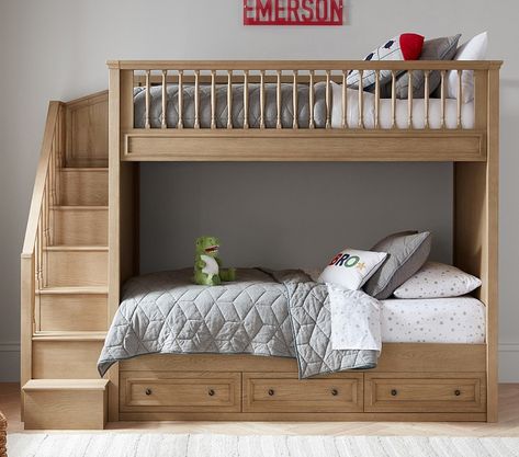 Fillmore Single-Over-Single Stair Bunk Bed | Pottery Barn Kids Bunk Crib, Bunk Bed Railing, Pottery Barn Bunk Beds, Bunk Beds Pottery Barn Kids, Bunk Bed With Stairs, Beds With Stairs, Shared Boys Room, Cabin Bedrooms, Bed With Stairs