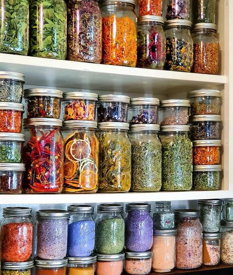 Garden Pantry, Store Fruit, Witchy Kitchen, Herbal Store, Spice Garden, Herb Jar, Spice Shelf, Garden Herbs, Farm Lifestyle