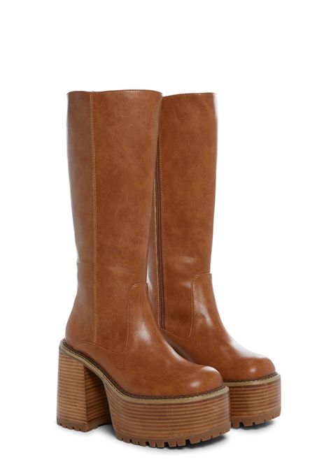 Delia's PU Knee High Platform Boots - Light Brown – Dolls Kill Doc Marten Monkey Boot, Skirts And Boots Winter, Knee High Boots With Buckles, Retro Platform Boots, Brown Go Go Boots, Jeffrey Campbell Platform Boots, Knee High Fall Boots, Y2k Platform Boots, 70s Knee High Boots