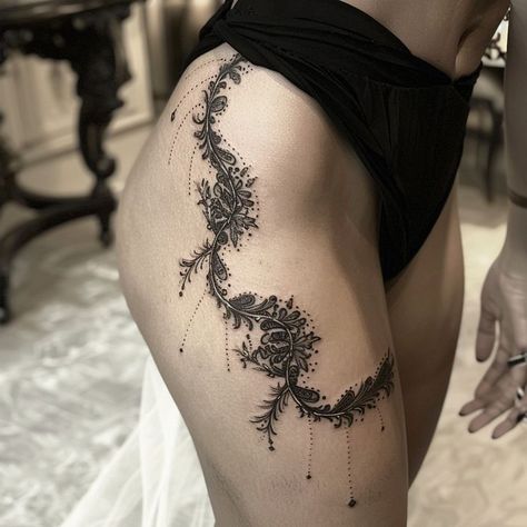 Stunning black lace thigh tattoo with floral motif and ornamental details, elegant design inspired by lace-making art. Ornamental Thigh Tattoo, Lace Thigh Tattoos, Black Lace Tattoo, Thigh Tattoo Designs, Lace Tattoo, Leg Tattoo, Delicate Beauty, Lace Making, Thigh Tattoo