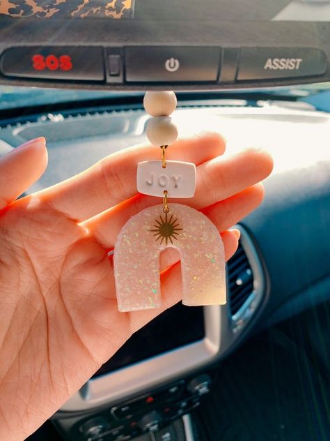 JOY Essential Oil Car Diffuser Polymer Clay Oil Diffuser | Etsy Polymer Clay Diffuser, Diy Car Mirror Hangers, Clay Diffuser, Joy Essential Oil, Car Mirror Hangers, Boho Car Accessories, Car Diffuser Essential Oils, Mirror Car Accessories, Air Freshener Car