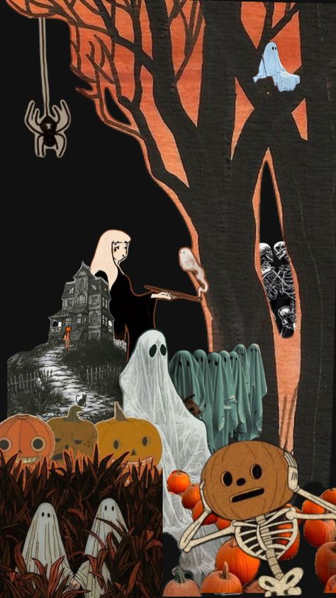 Vintage Ghost Background, Ghost Collage Wallpaper, Fall Background Ghost, Pumpkins And Ghosts Wallpaper, Halloween Town Wallpaper, Wallpaper Collage, Halloween Wallpaper, Collage, Halloween