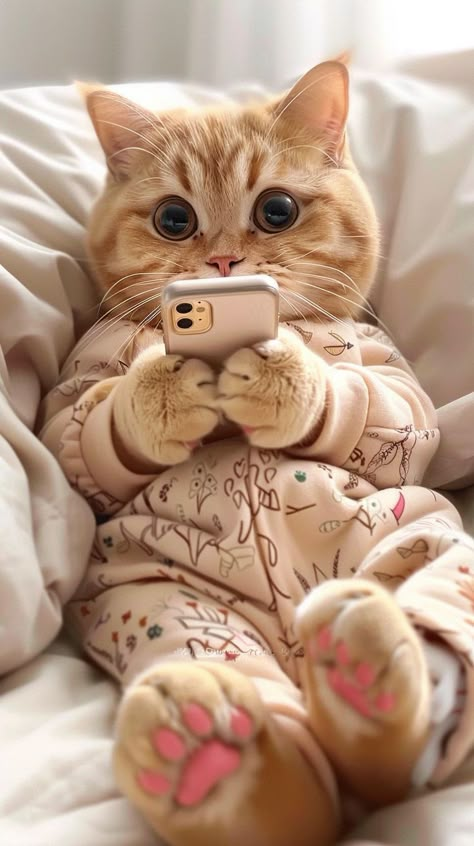 Cats In Pajamas, Cat Holding Phone, Meow Art, Chucky Doll, Image Chat, Cute Little Kittens, Cute Cats Photos, Cotton Pajamas, Orange Tabby