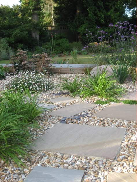 Informal paving & gravel Garden Pavers, Pebble Garden, Gravel Patio, Garden Paving, Gravel Garden, Walled Garden, Garden Shrubs, Low Maintenance Garden, Mediterranean Garden