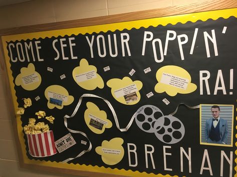 Movie themed, popcorn filled, intro bulletin board #mst #ra #bulletinboards Movie Night Bulletin Board, Ra Movie Theme Bulletin Boards, Movie Themed Bulletin Boards, Movie Bulletin Board Ideas, Popcorn Bulletin Board Ideas, Meet The Ra Bulletin Board, Ra Welcome Bulletin Boards, Ra Bulletin Boards Fall, Christmas Hallways