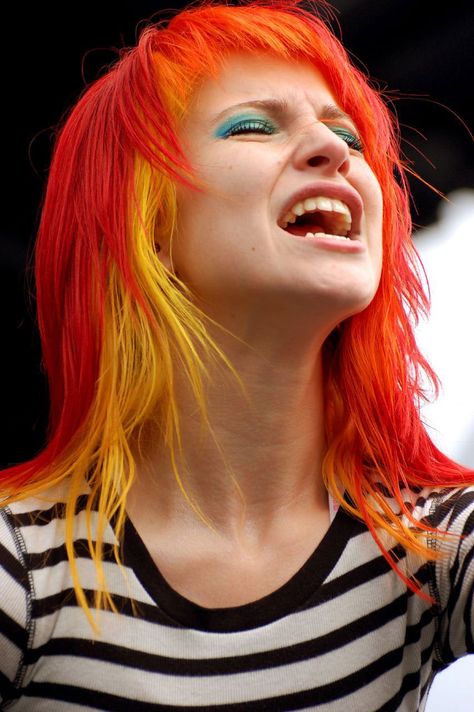 Red Yellow Hair, Haley Williams Hair, Flame Hair, Indie Punk, Thirty Seconds To Mars, Fire Hair, Paramore Hayley Williams, Creative Hair Color, Bright Red Hair