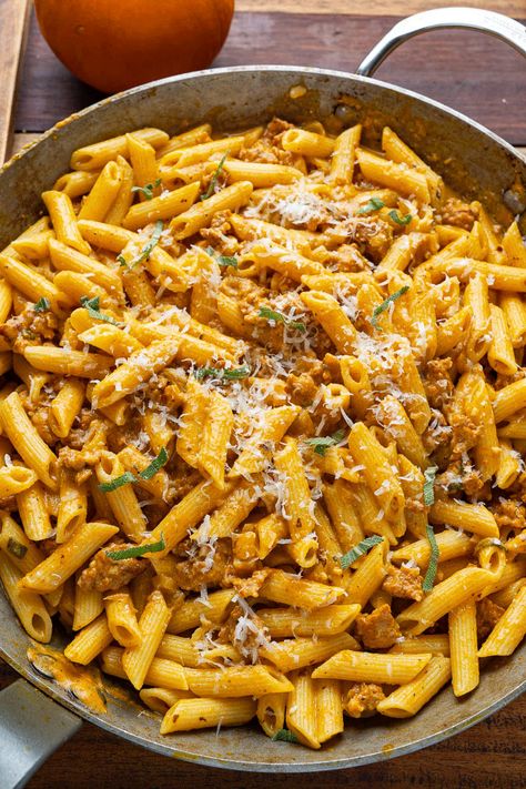 Pumpkin and Sausage Pasta Sausage And Pumpkin Pasta, Pumpkin And Pasta Recipes, Pumpkin Pasta With Sausage, Sausage Pumpkin Pasta, Pumpkin Sausage Pasta, Heavy Meals, Pumpkin Sausage, Penne Pasta Recipes, Pumpkin Recipes Easy