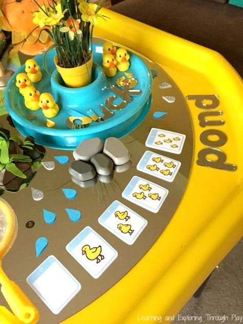 Duck Themed Spring Tuff Tray Spring Tuff Tray Ideas, Spring Tuff Tray, Nursery Rhymes Preschool Crafts, Spring Time Activities, 5 Little Ducks, Dinosaur Small World, Pond Animals, Nursery Rhymes Preschool, Flisat Table