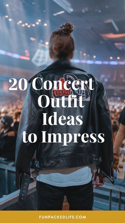 Image features a person standing at a concert wearing a stylish black leather jacket with embroidered patches on the back. The text '20 Concert Outfit Ideas to Impress' is prominently displayed over the image. The background shows a vibrant concert scene with lights and a cheering crowd, setting the stage for outfit inspiration. The overall theme is edgy concert fashion with a focus on modern, casual style that makes a statement. Leather Blazer Concert Outfit, Nice Concert Outfit Ideas, Concert Outfit With Leather Jacket, Black Tassel Jacket Outfit, Moody Concert Outfit, Concert Outfit Ideas Leather Jacket, Simple Outfit For Concert, Outfit For Live Music, Casual Edm Concert Outfit