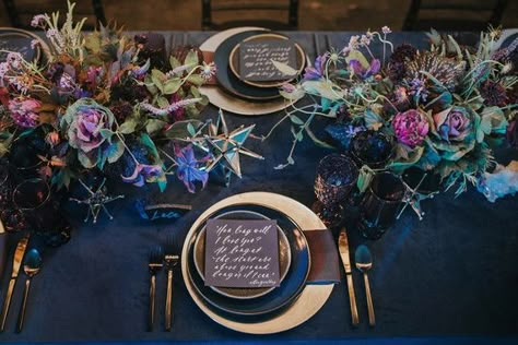 Over the Moon themed wedding inspiration | 100 Layer Cake | Bloglovin’ Gold Wedding Reception Tables, Navy Gold Wedding, Blue Table Settings, Starry Night Wedding, Violet Wedding, Gold Wedding Inspiration, Blue Wedding Inspiration, Celestial Wedding, Dark Wedding