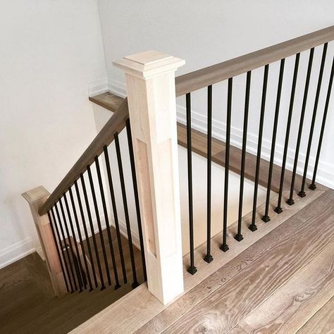 Shaker/Craftsman wood rail cap with iron balusters and square shaker posts Banister Remodel, Stairs Diy, Stair Railing Makeover, Iron Stairs, Stairs Railing, Interior Stair Railing, Modern Stair Railing, Diy Staircase, Iron Stair Railing