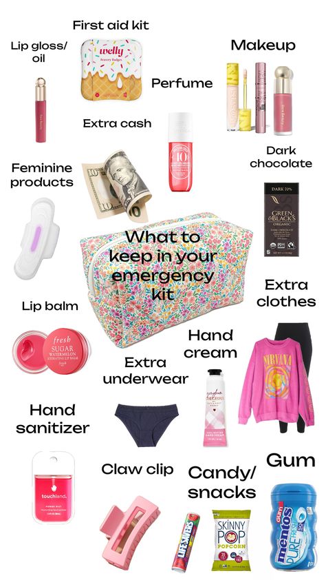 Girl Survival Kits, Emergency Kit For Girls, School Emergency Kit, School Backpack Essentials, Girl Kit, Back To University, School Survival Kits, Pretty School Supplies, Everyday Bag Essentials