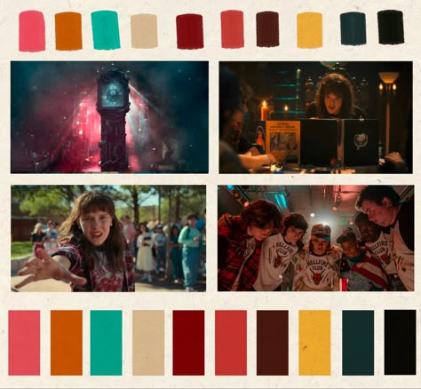 Back To The Future Color Palette, Netflix Color Palette, Stranger Things Colour Palette, Stranger Things Colors, Mood And Tone Color, Coraline Color Palette, Stranger Things Color Palette, Stranger Things Moodboard, Film Color Palette